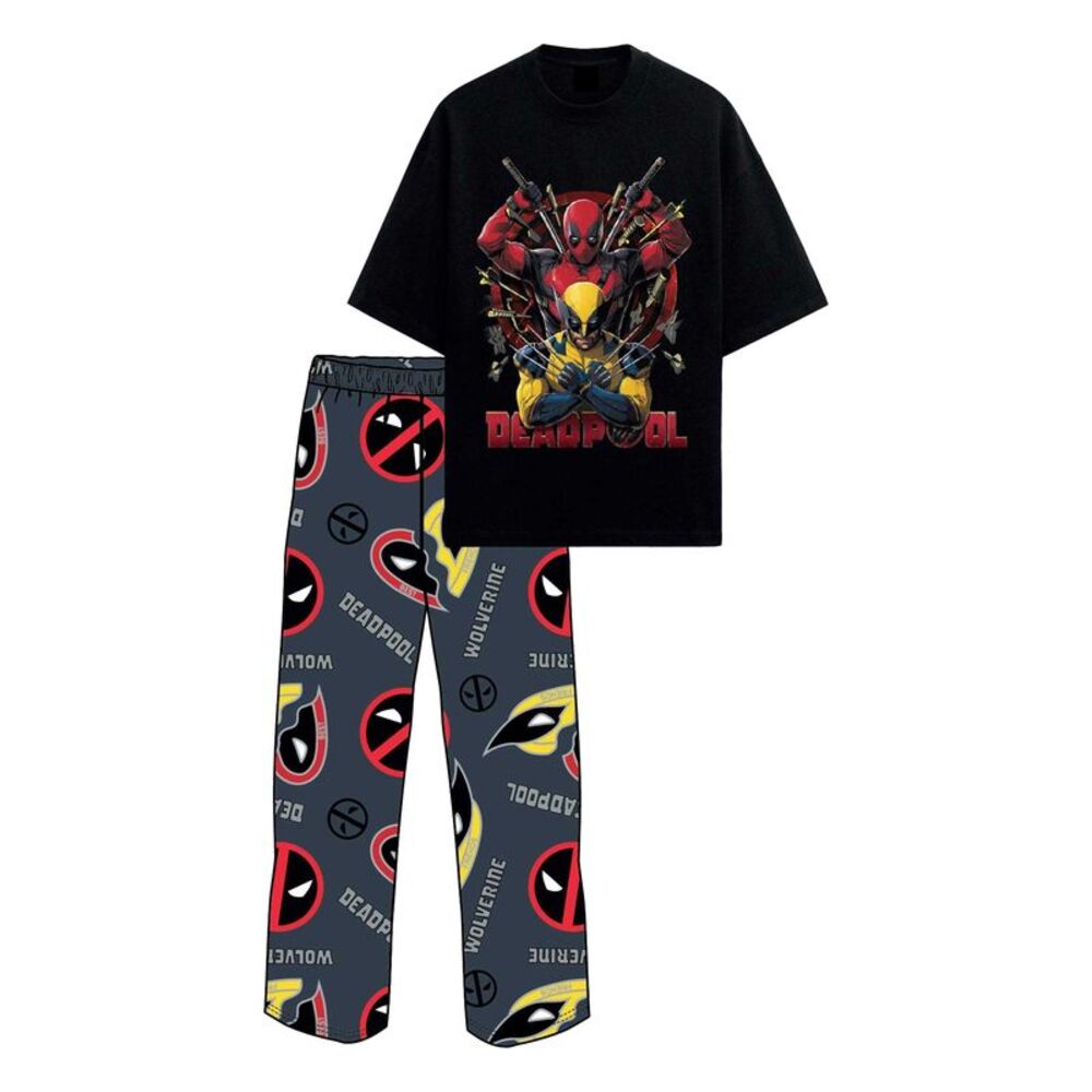 Deadpool & Wolverine Mens Action Pose Cotton Pajama Set / Black/Multicolored